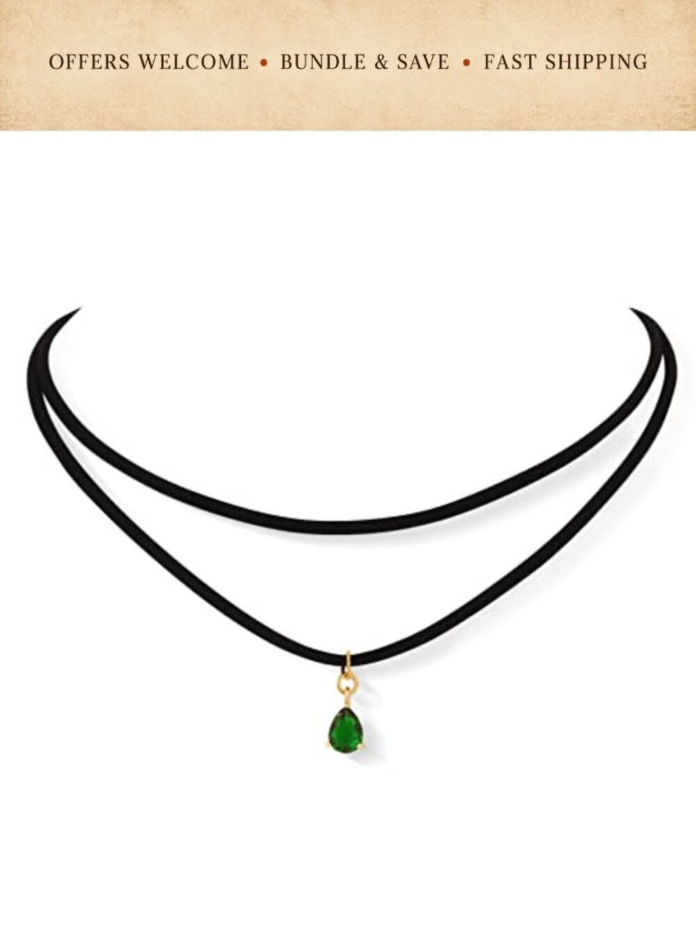 Layered Black Faux Leather Choker Necklace Glass Teardrop Pendant